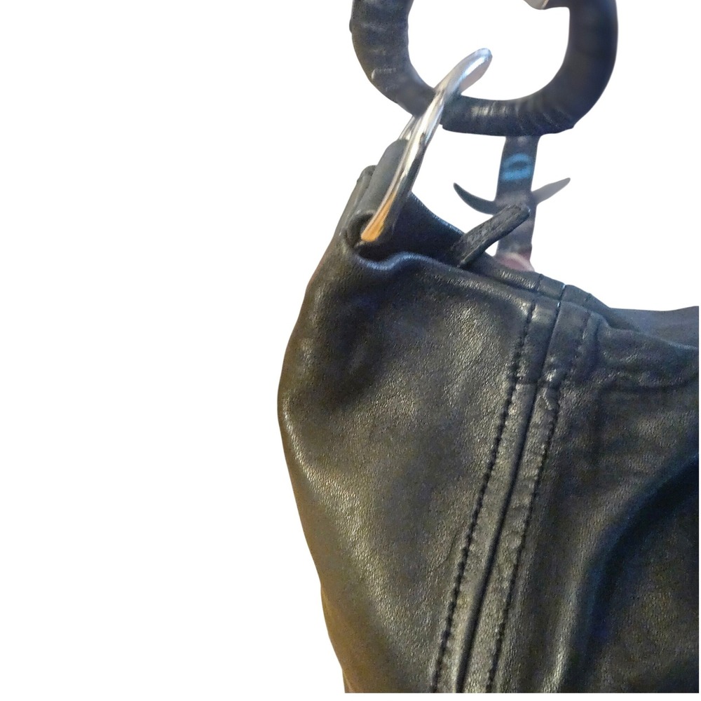 Michael Kors Black Leather Hobo Bag Silver Ring Hardware MK Charm Shoulder Bag - Picture 4 of 10